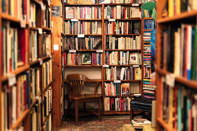 interior of independent bookstore with rows of books
