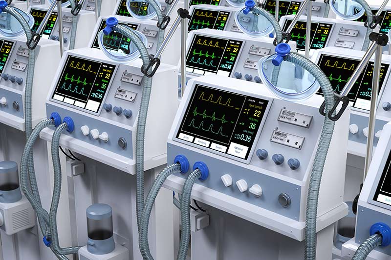 rows of brand new high tech medical ventilators